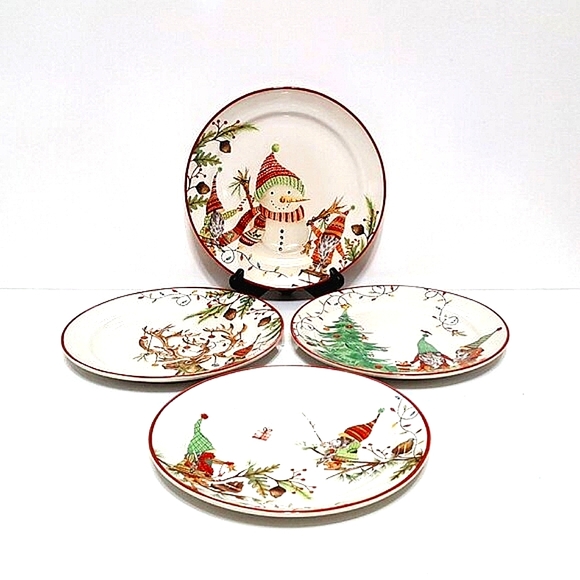NEW Pottery Barn Set of 4 Forest Gnome Christmas Spirit Salad Plates 9.5